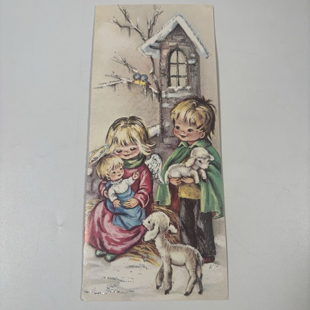 Vintage Glitter Christmas Card Tall Nativity Angel Children Baby Jesus Lambs 60s